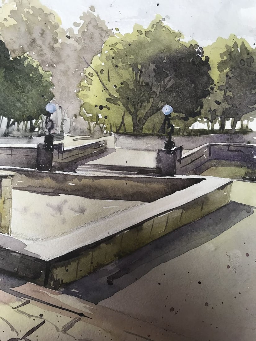 Watercolor painting City recreation park Unknown artist - 10