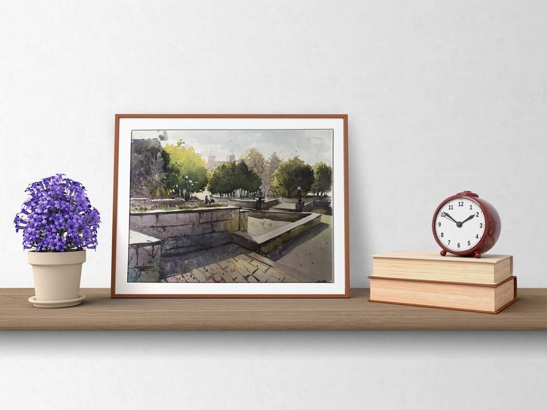 Watercolor painting City recreation park Unknown artist - 2