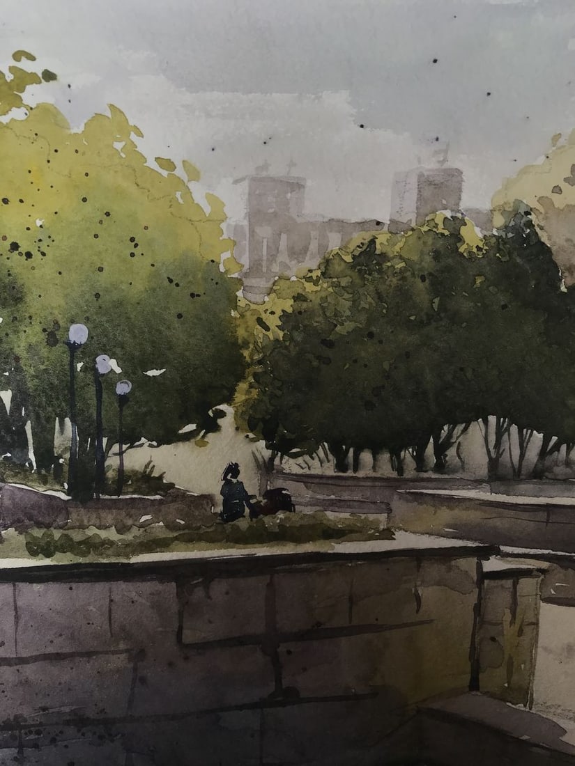 Watercolor painting City recreation park Unknown artist - 6
