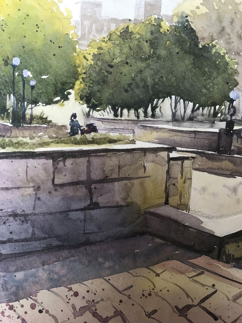 Watercolor painting City recreation park Unknown artist - 7