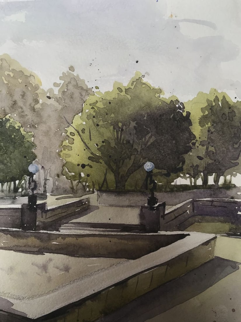 Watercolor painting City recreation park Unknown artist - 9