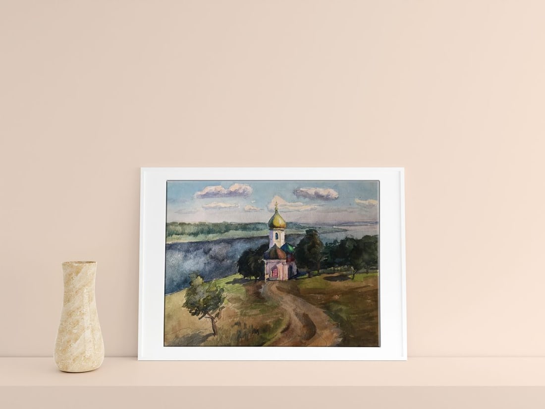 Watercolor painting Road to the church Unknown artist - 2