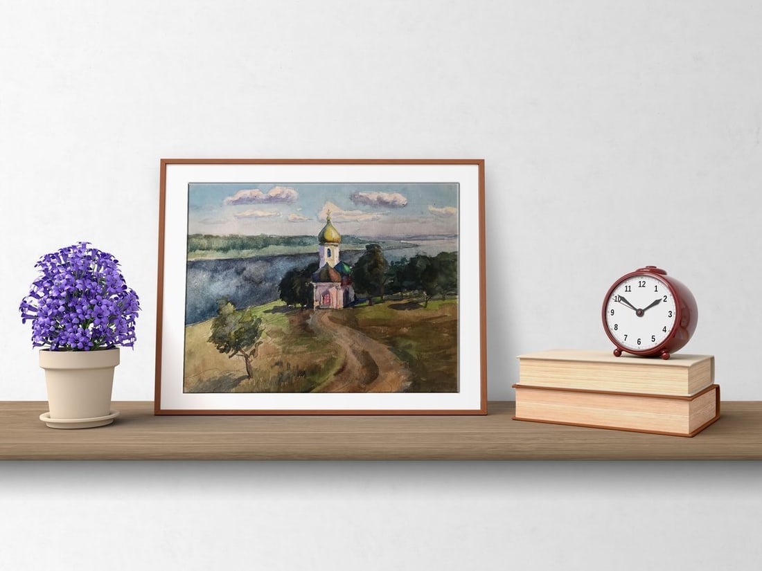 Watercolor painting Road to the church Unknown artist - 3