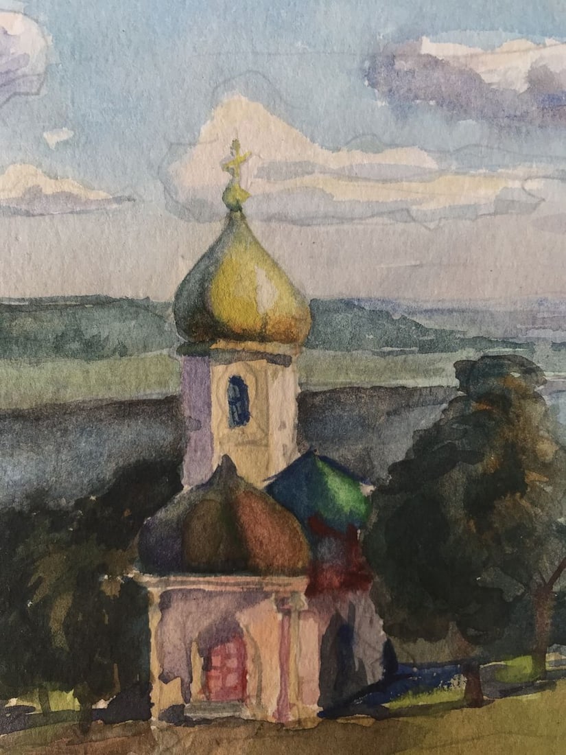 Watercolor painting Road to the church Unknown artist - 6