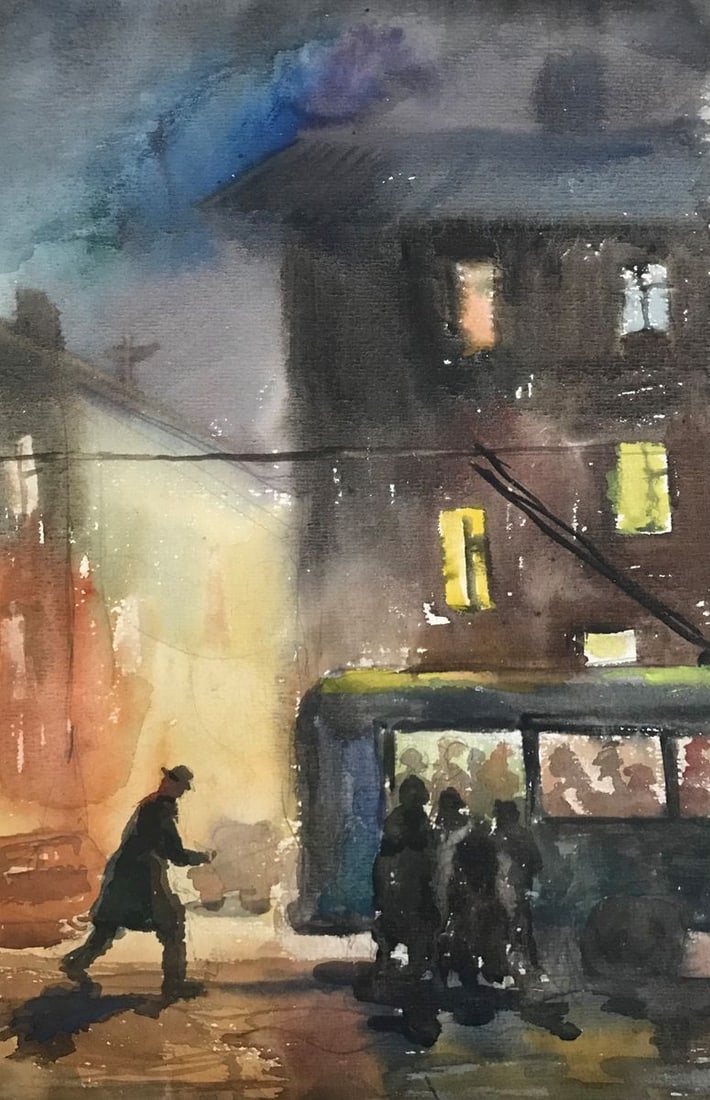 Watercolor painting Night city Wihyrovskii Victor - 4