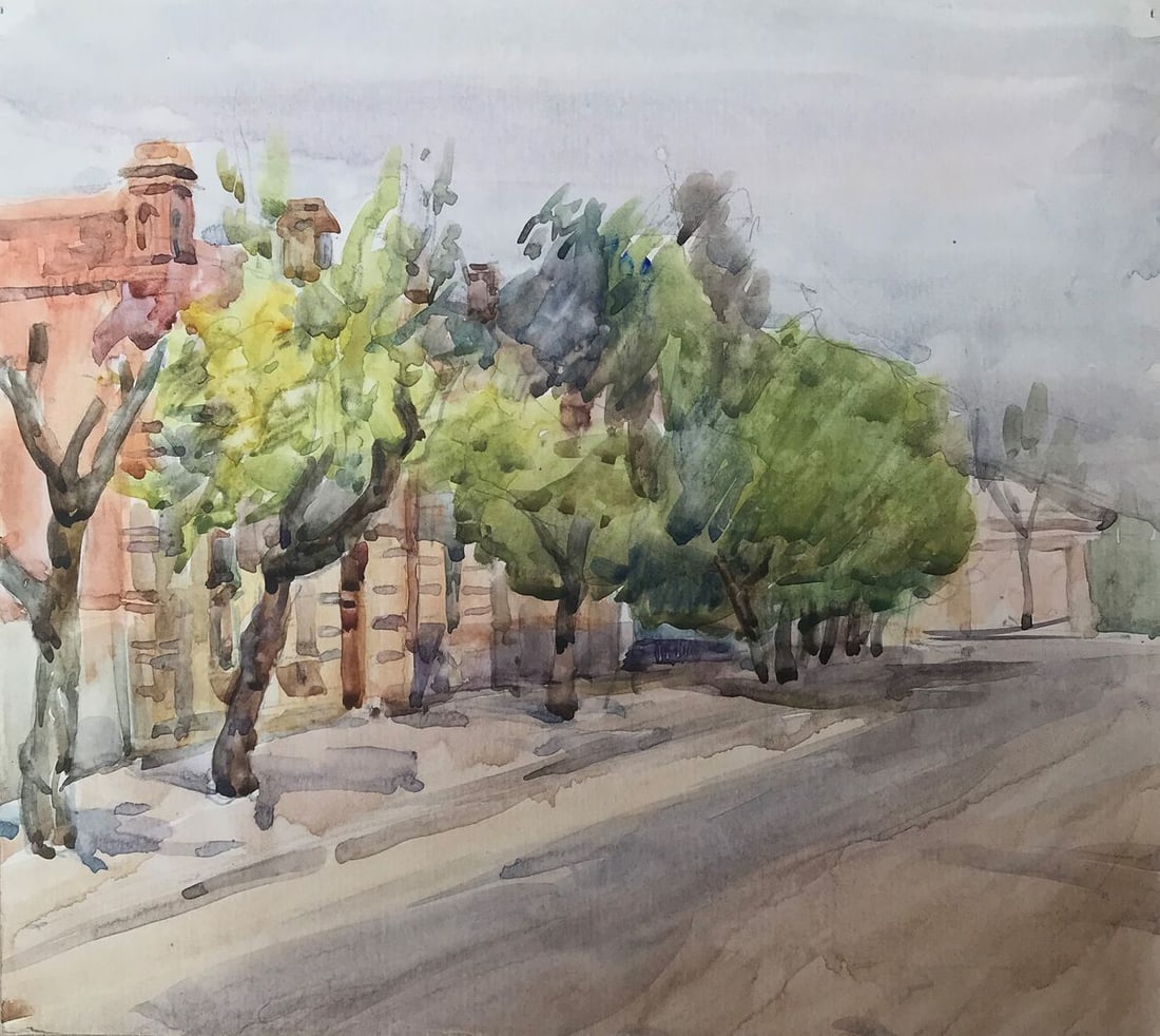 Watercolor painting City streets Unknown artist: Title: Watercolor painting City streets Unknown artist Description: NoAAA2169 "City streets" is an painting that captures the beauty and nostalgia of vintage houses and city life. The green trees and