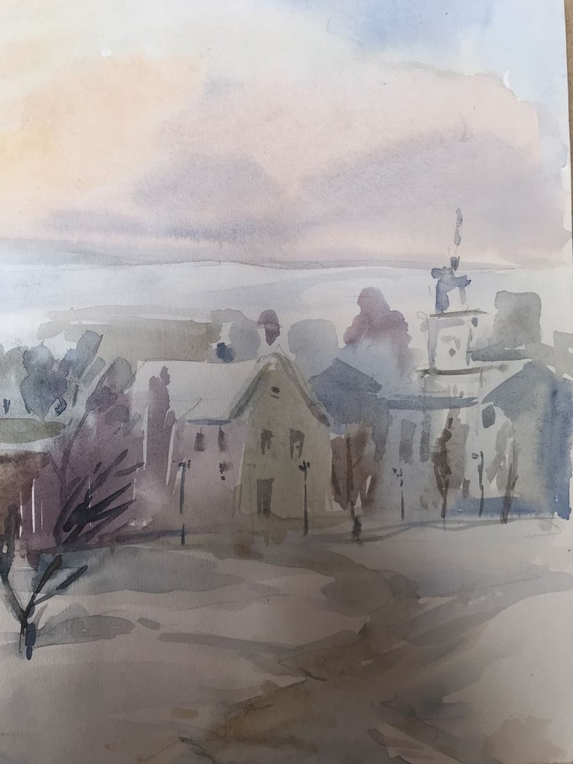 Watercolor painting Winter in the city Unknown artist - 10