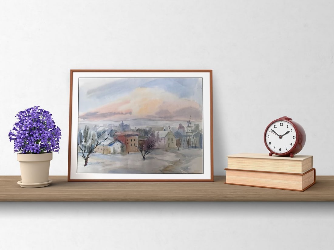 Watercolor painting Winter in the city Unknown artist - 2