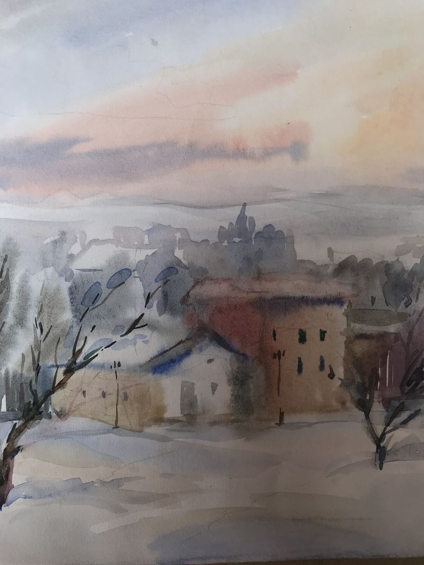 Watercolor painting Winter in the city Unknown artist - 5