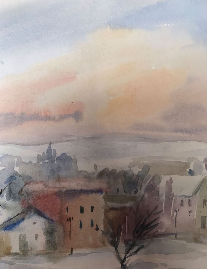 Watercolor painting Winter in the city Unknown artist - 6