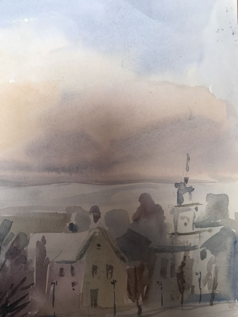 Watercolor painting Winter in the city Unknown artist - 9