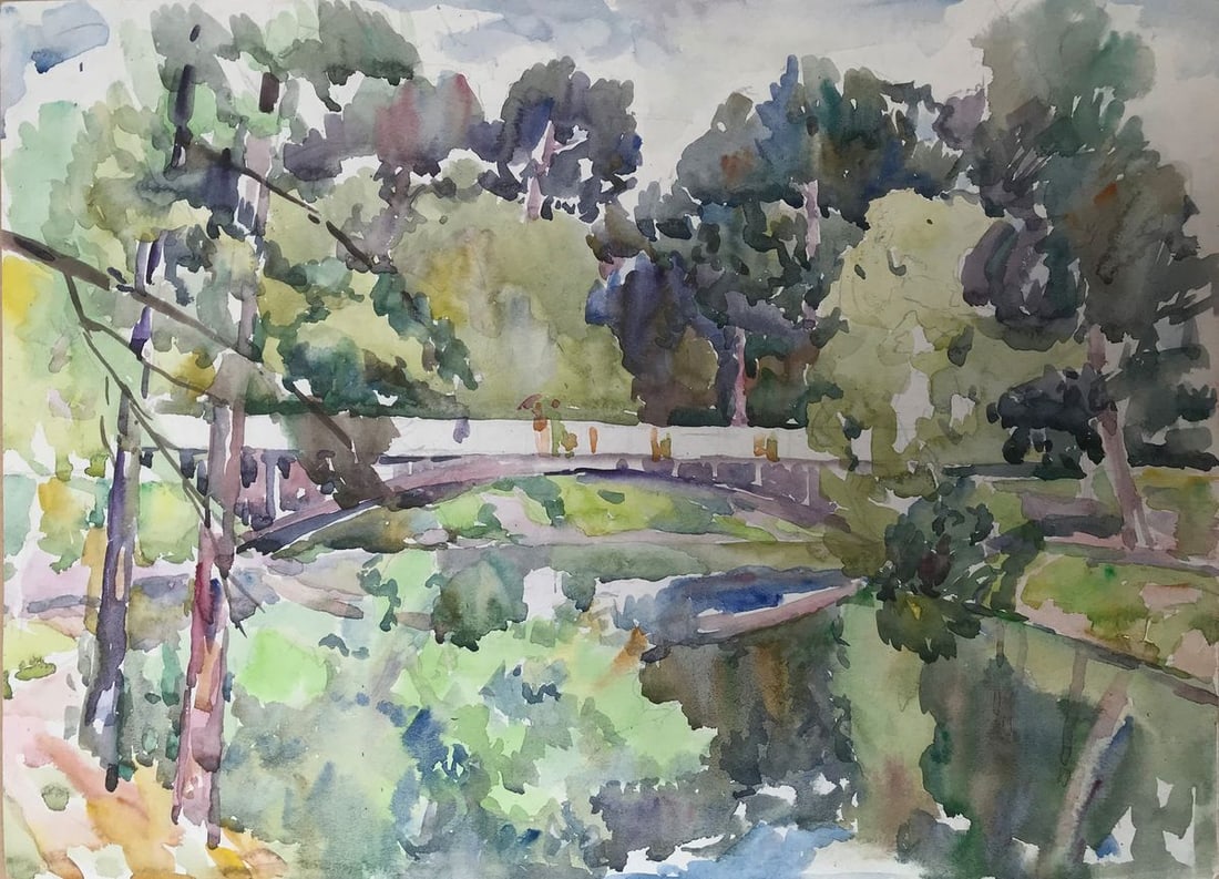 Watercolor painting City park with a bridge Unknown artist (1 of 11)