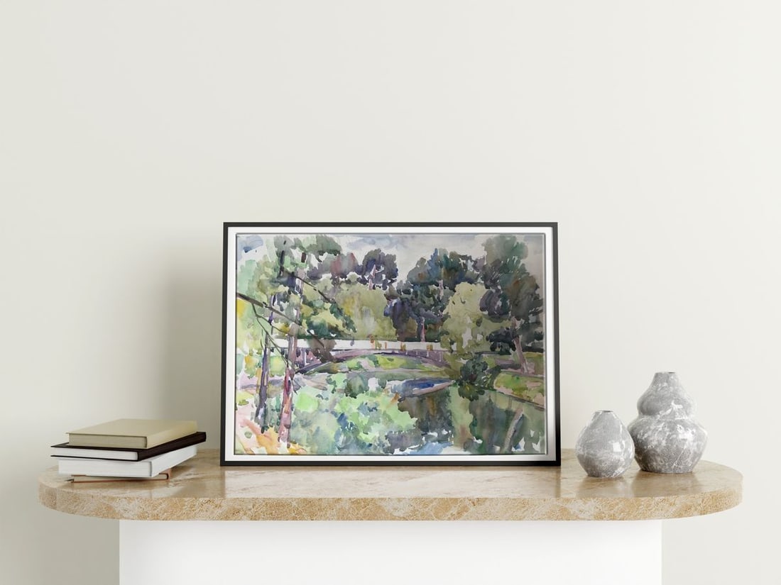 Watercolor painting City park with a bridge Unknown artist - 2