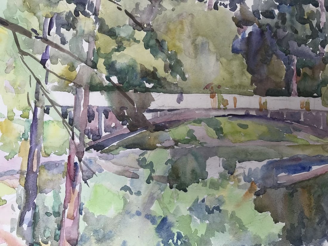 Watercolor painting City park with a bridge Unknown artist - 4