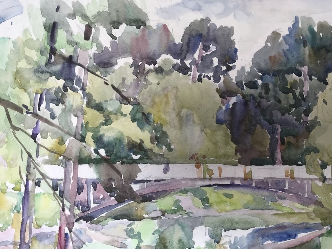 Watercolor painting City park with a bridge Unknown artist - 5