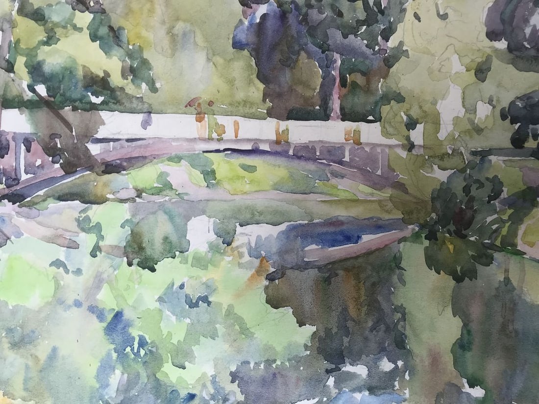 Watercolor painting City park with a bridge Unknown artist - 6