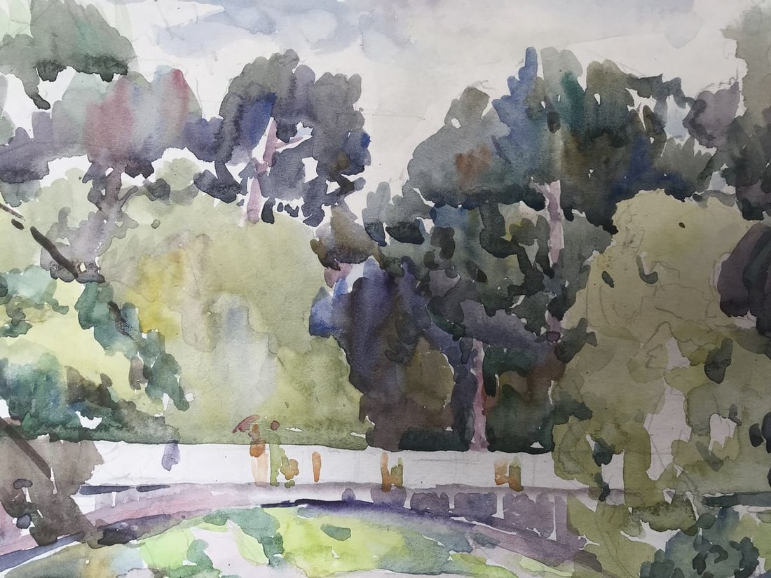 Watercolor painting City park with a bridge Unknown artist - 7