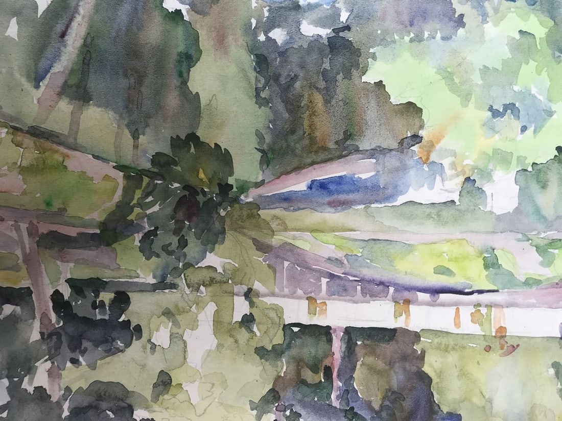 Watercolor painting City park with a bridge Unknown artist - 8