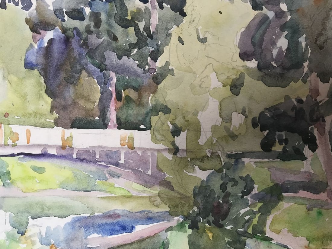 Watercolor painting City park with a bridge Unknown artist - 9