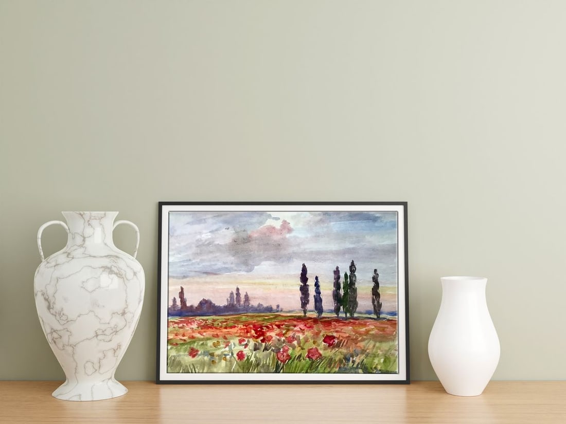Watercolor painting Poppy field Unknown artist - 3