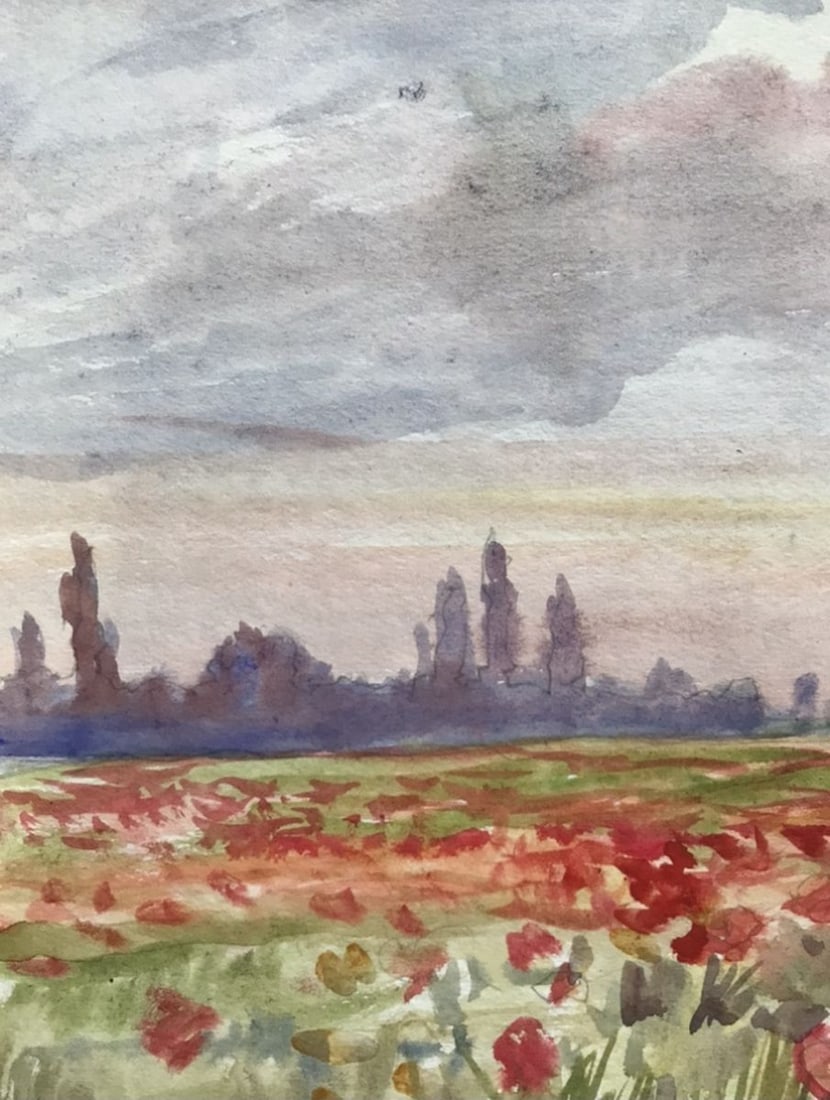 Watercolor painting Poppy field Unknown artist - 4
