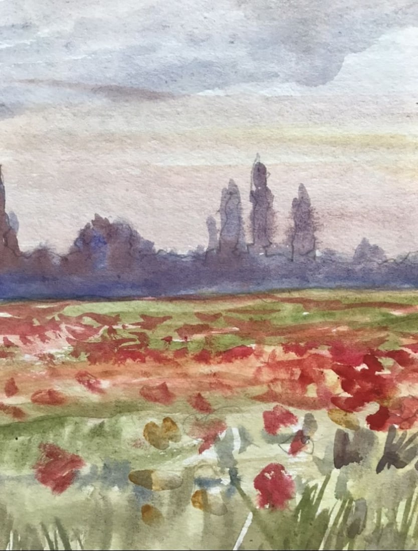 Watercolor painting Poppy field Unknown artist - 5