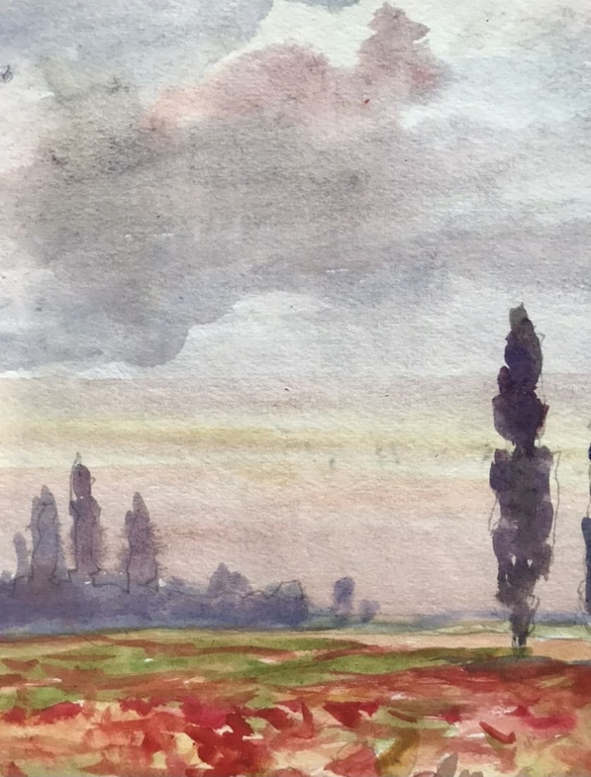 Watercolor painting Poppy field Unknown artist - 6