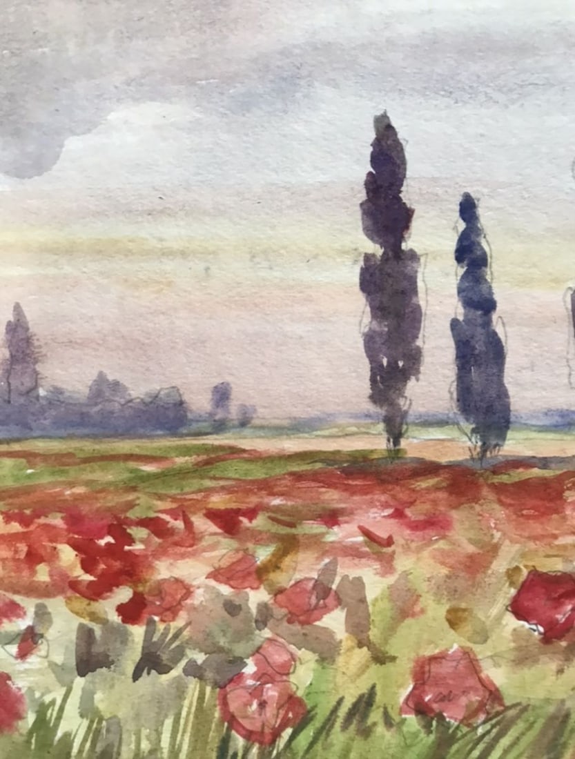 Watercolor painting Poppy field Unknown artist - 7