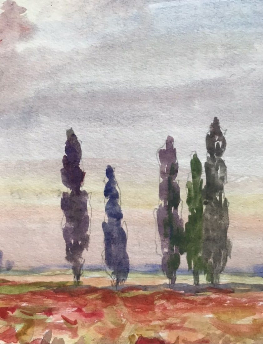 Watercolor painting Poppy field Unknown artist - 8