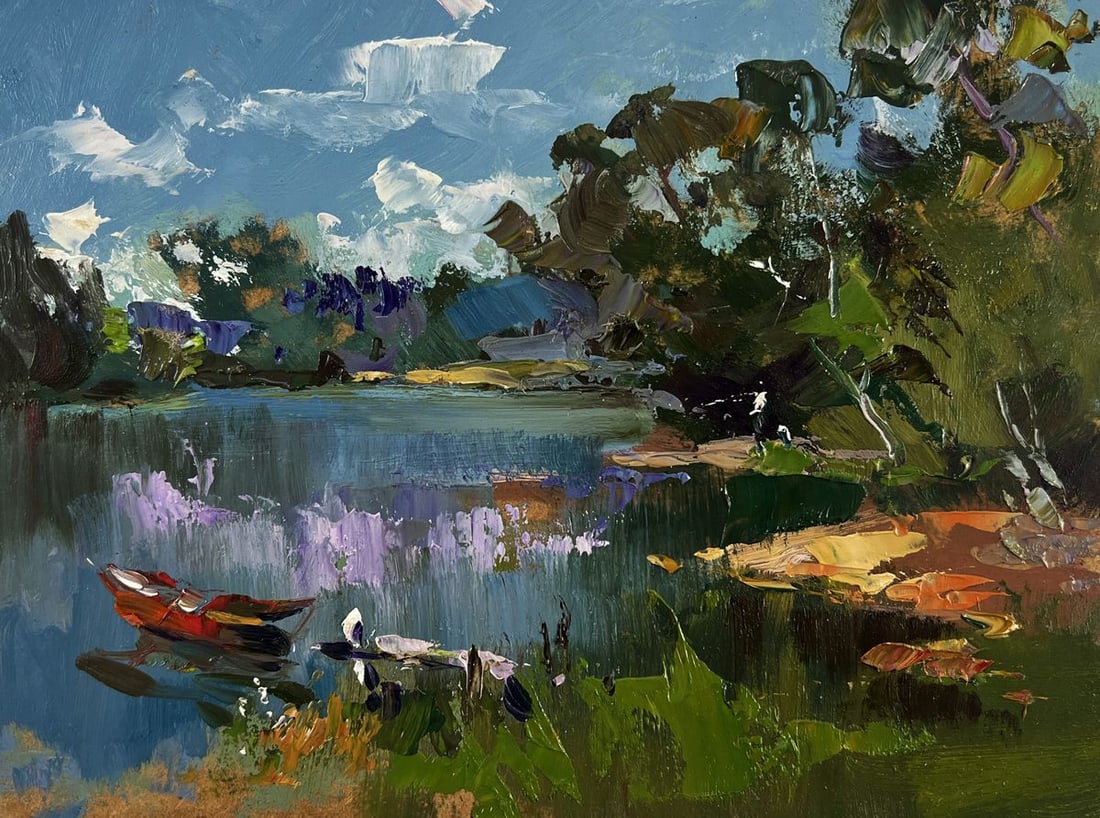 Oil painting River with boats along the shore Yuriy Suprunchuk - 3
