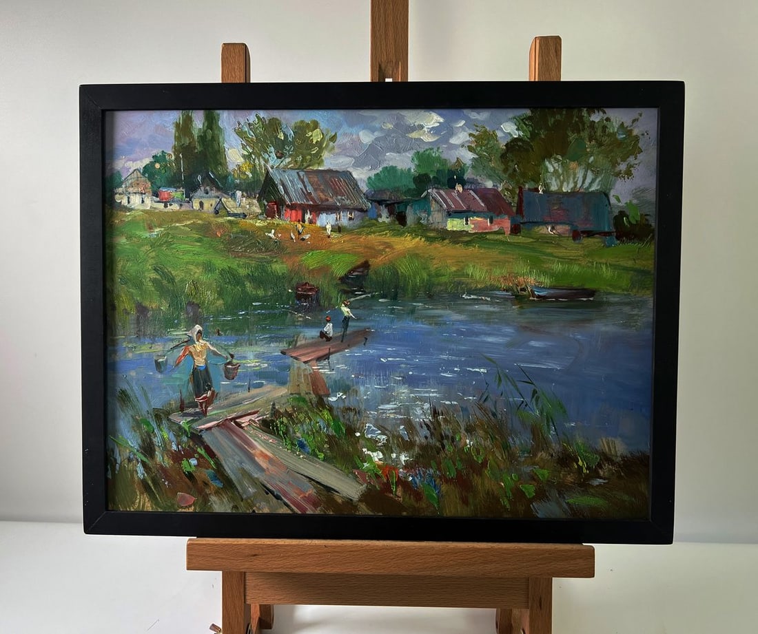 Oil painting Life by the village river Yuriy Suprunchuk: Title: Oil painting Life by the village river Yuriy Suprunchuk Description: NoAAA5693 The Oil painting Cardboard titled "Life by the village river" presents a vivid and nostalgic portrayal of rural li