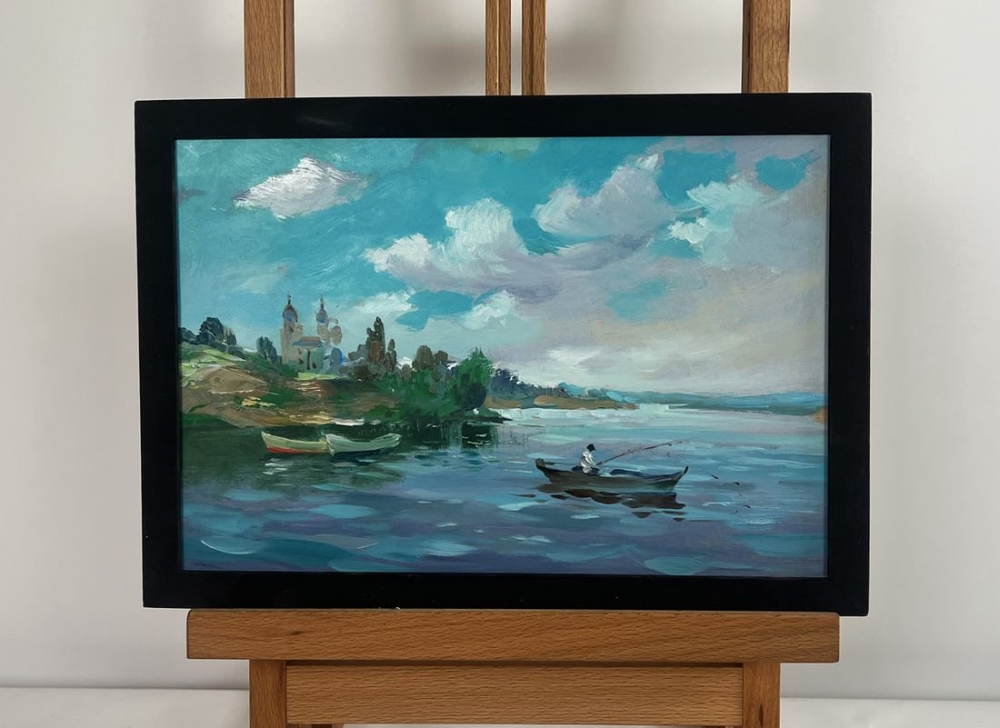 Oil painting Summer quiet fishing Yuriy Suprunchuk: Title: Oil painting Summer quiet fishing Yuriy Suprunchuk Description: NoAAA4452The painting "Summer Quiet Fishing" captures a peaceful moment on a serene river, where time seems to slow down, and