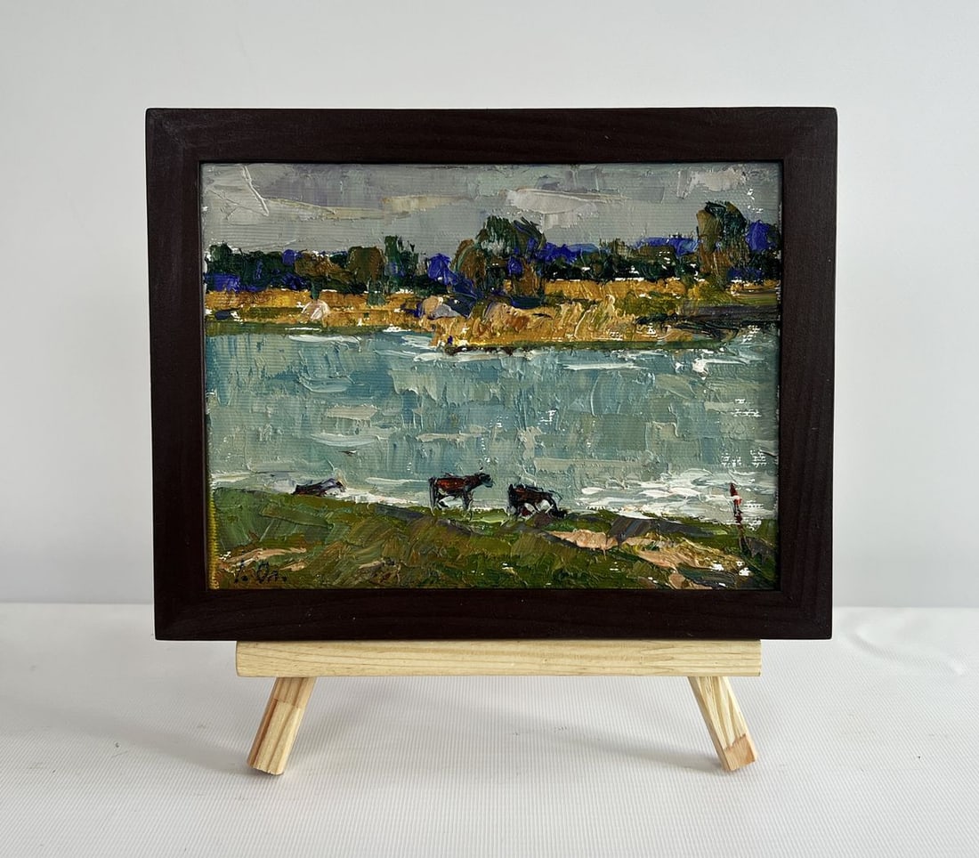 Oil painting At the watering hole Alex Kalenyuk: Title: Oil painting At the watering hole Alex Kalenyuk Description: NoAAA4481The painting "At the Watering Hole" beautifully captures a tranquil moment in nature, where animals and a lone figure