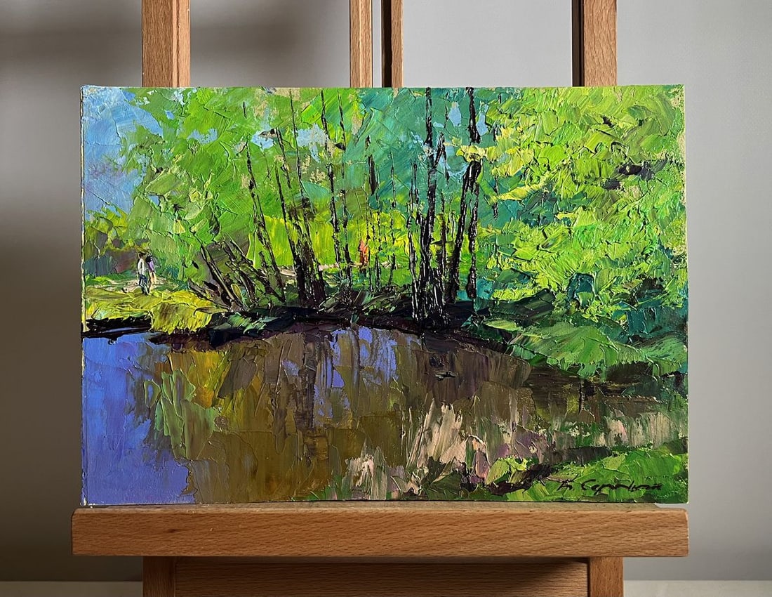 Oil painting Warm days of spring Boris Serdyuk: Title: Oil painting Warm days of spring Boris Serdyuk Description: NoAAA3796This oil painting cardboard, titled "Warm Days of Spring", the composition leads the viewer's eye toward a peaceful riverban