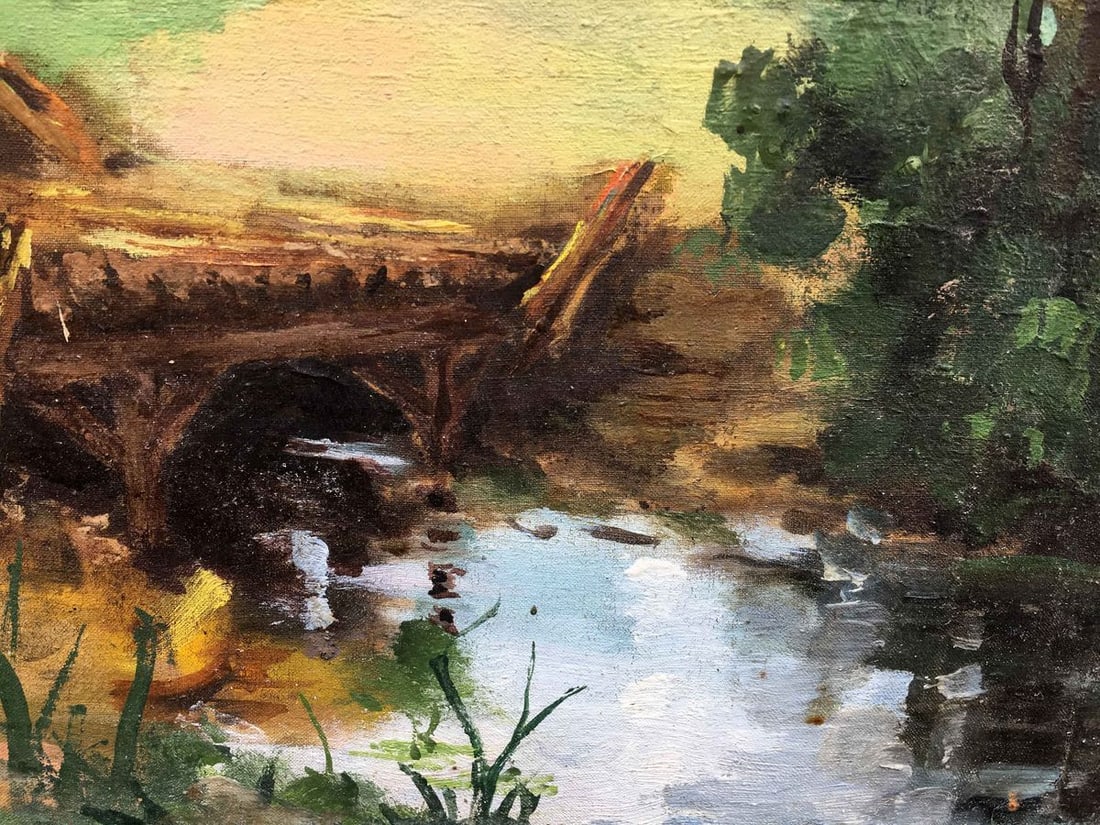 Oil painting grandpa with a dog go along the path - 2