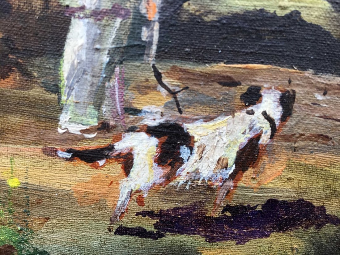 Oil painting grandpa with a dog go along the path - 3