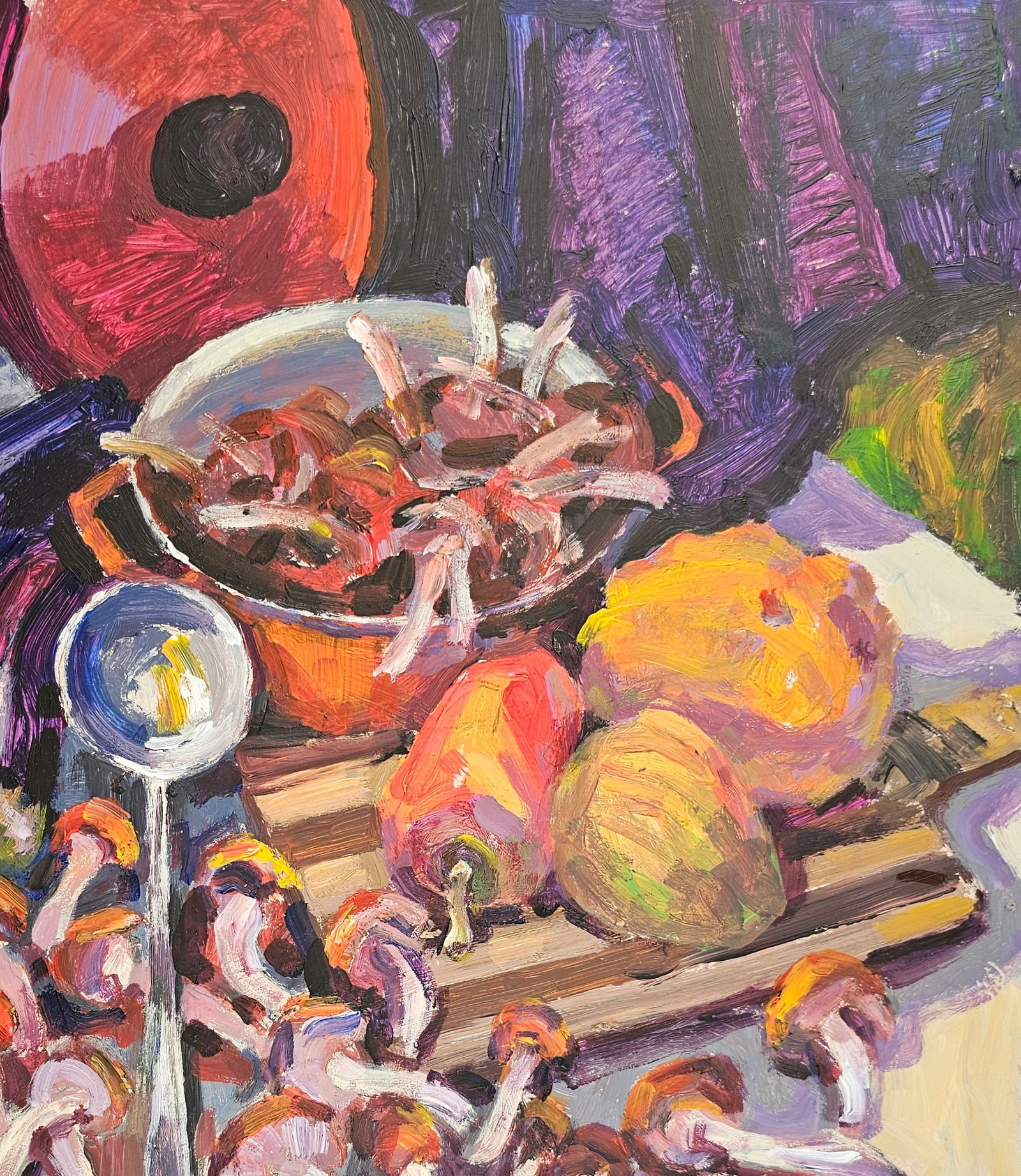 Acrylic painting red pot with mushrooms Vyacheslav Petrovich Babac - 4