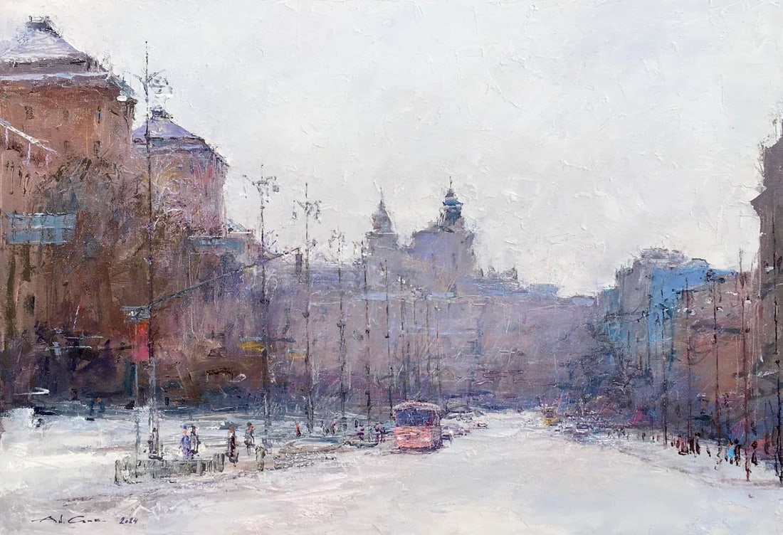 Oil painting Winter morning, Khreshchatyk Street Andrii G.: Title: Oil painting Winter morning, Khreshchatyk Street Andrii G. Description: 23Guk Painter: Andrii G. Size: 45x65 cm/ 17.71x25.59 inches Components: oil, canvas Original paintingCONDITION: exellent