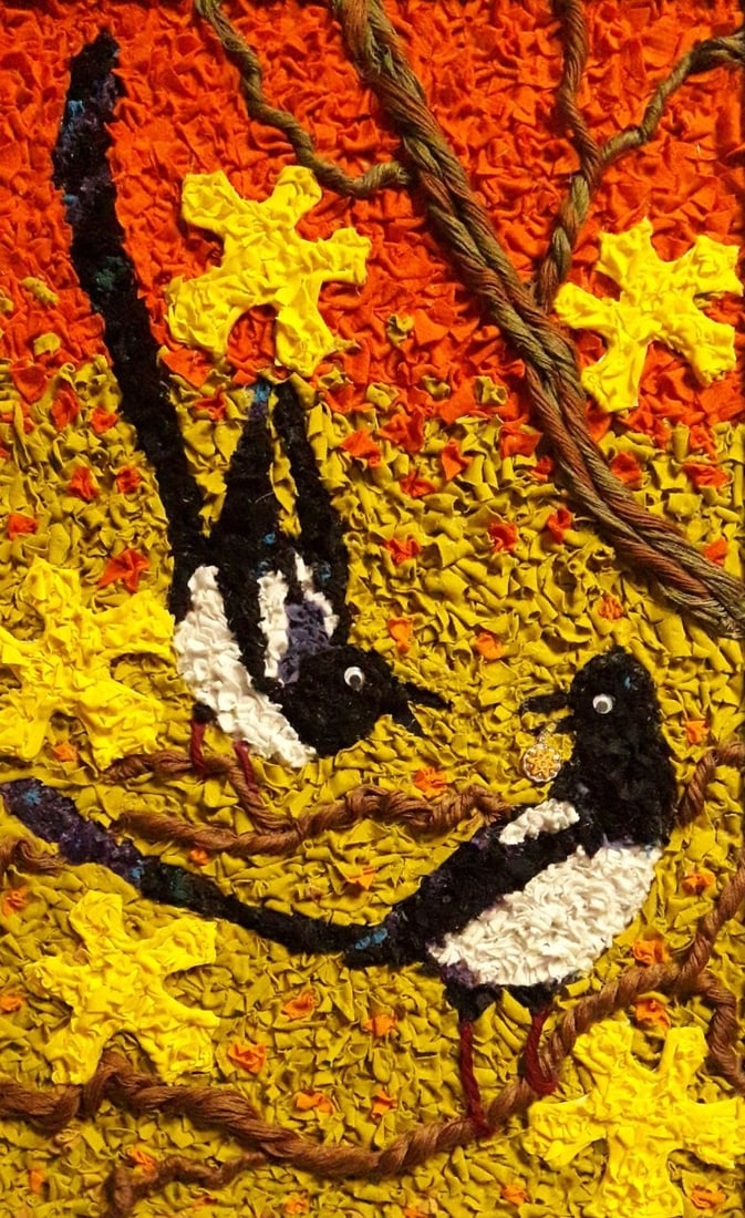 Handicraft Magpies: Title: Handicraft Magpies Description: 44Serd Painter: Size: 40,5x25,5 cm/15,94x10,04 inches Components: Fabric, glue, fiberboardOriginal Artwork from our collection ERA: Reserve: $250.00 Shipping: