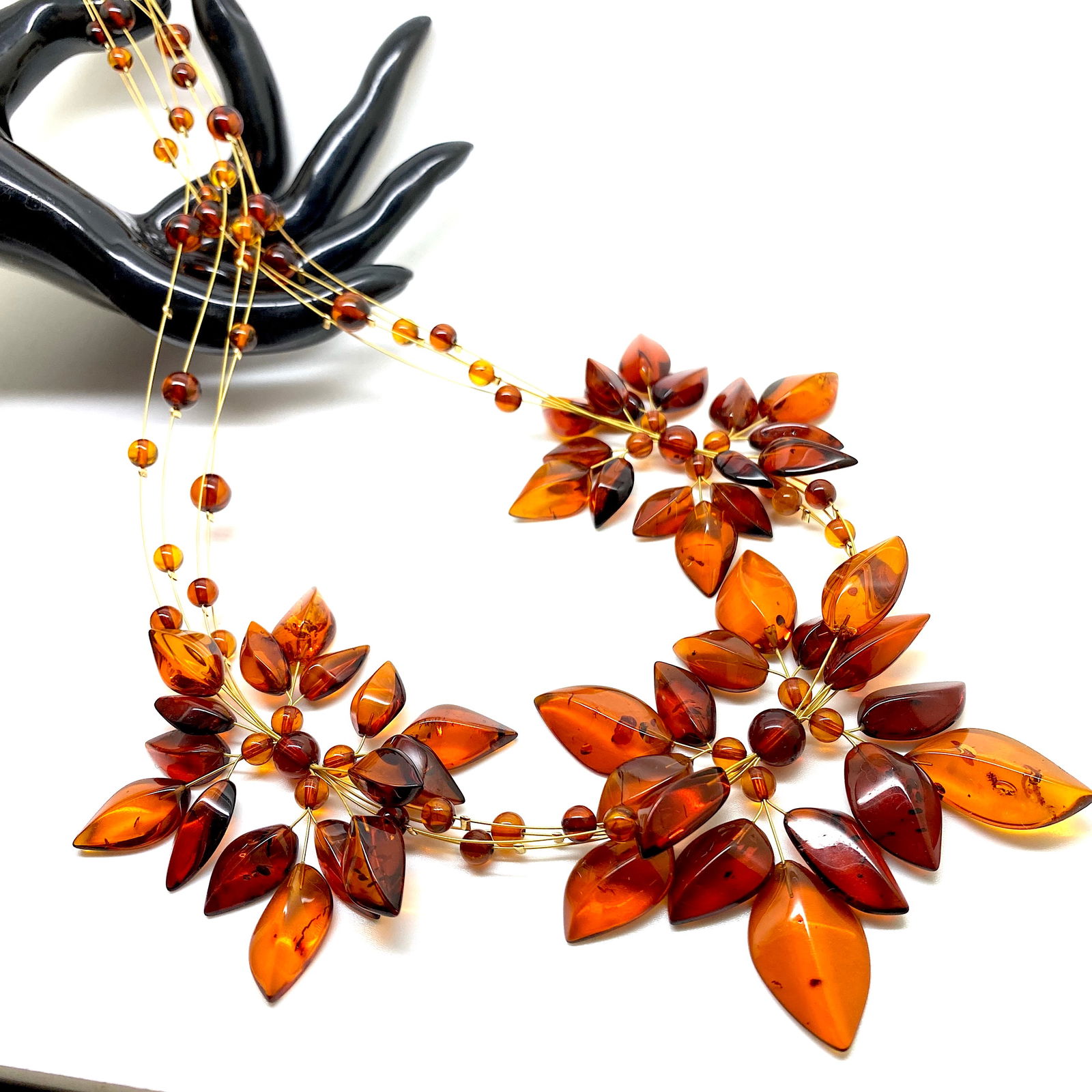 Stunning Amber Floral Necklace made from leaf like bead ornaments - 9