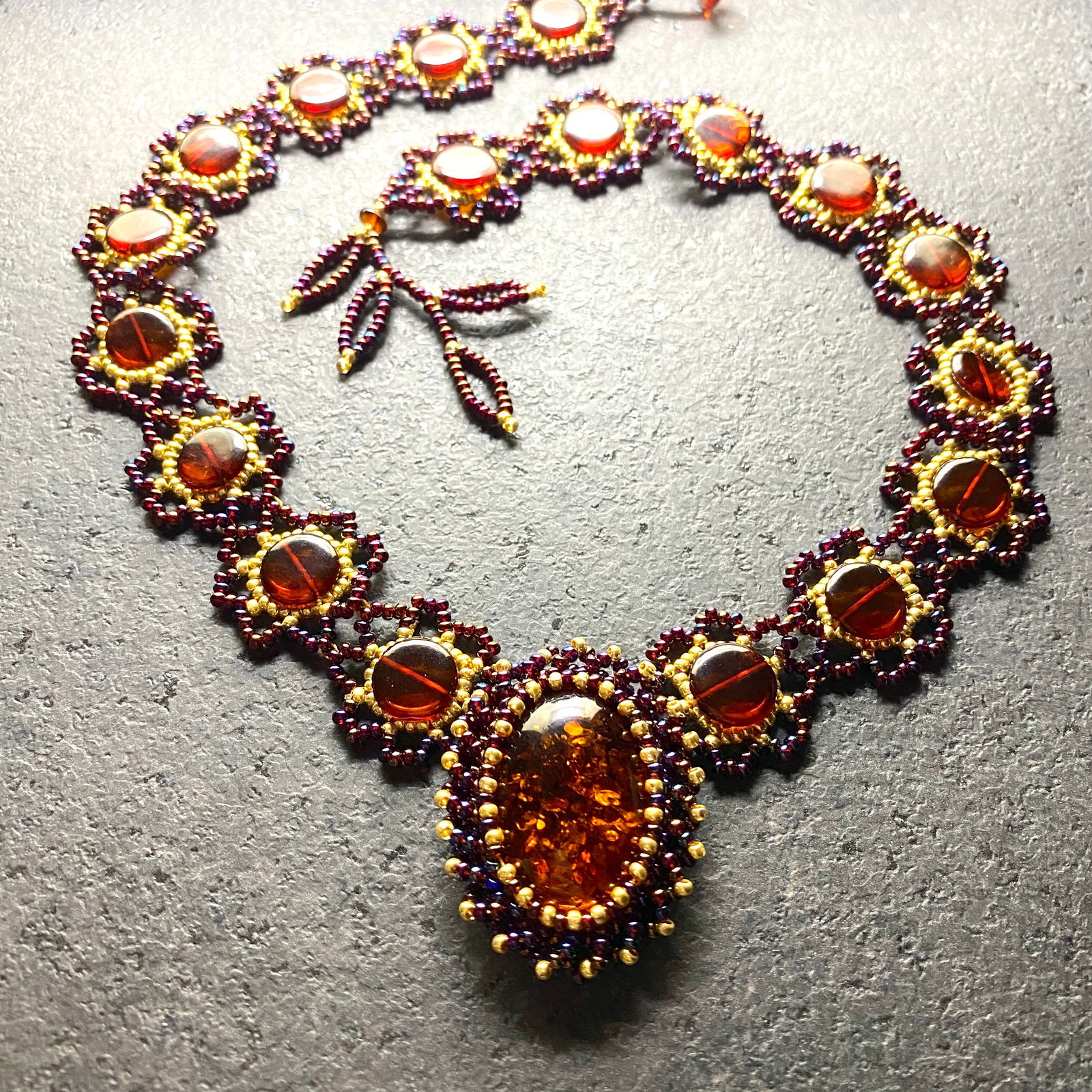 Unique and Beautiful Amber Floral Necklace made from leaf like bead ornaments - 4