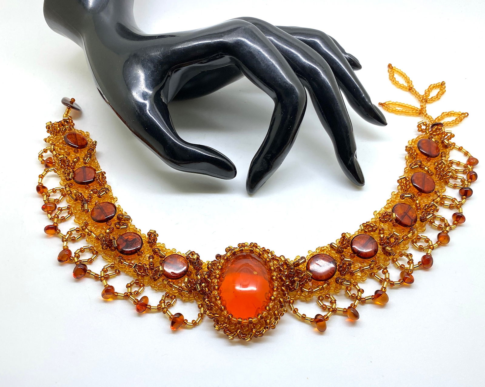 Grand Amber Floral Choker made from leaf like bead ornaments - 3