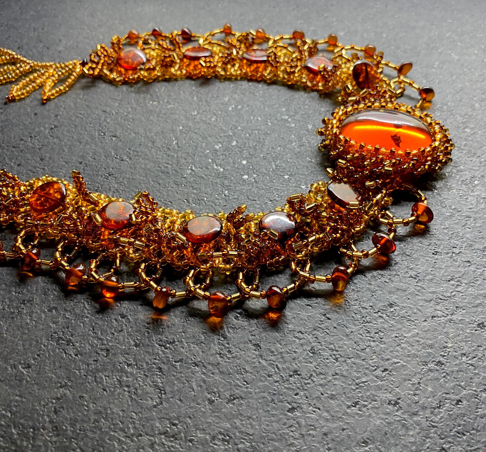 Grand Amber Floral Choker made from leaf like bead ornaments - 6
