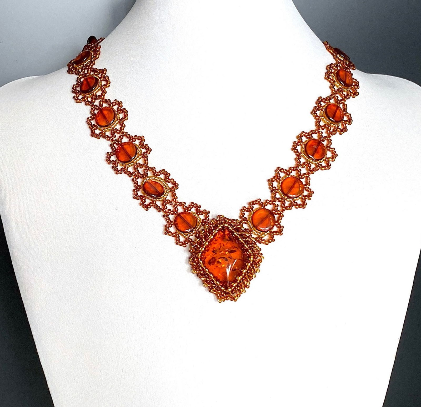 Astonishing Vintage Amber Floral Necklace made from leaf like bead ornaments - 3