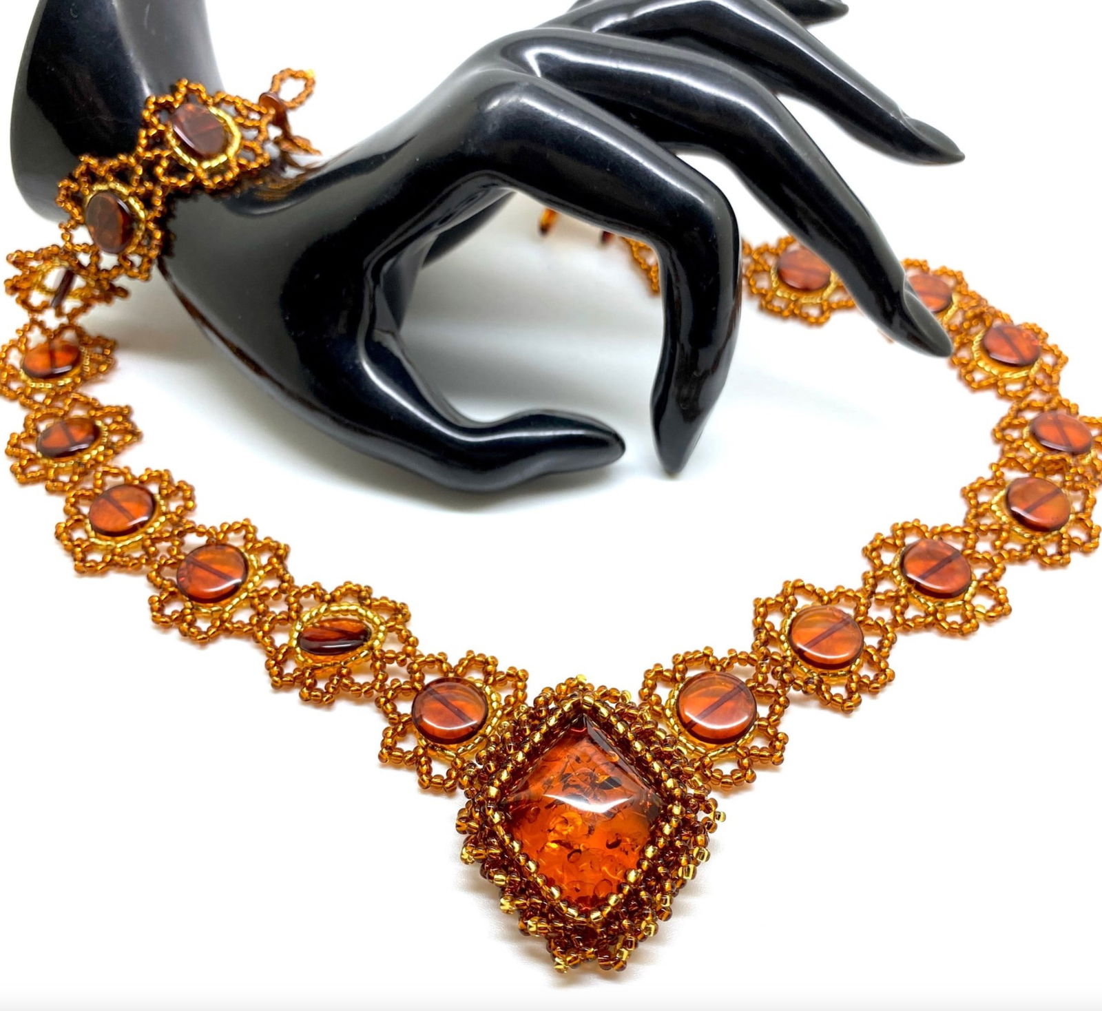 Astonishing Vintage Amber Floral Necklace made from leaf like bead ornaments - 4
