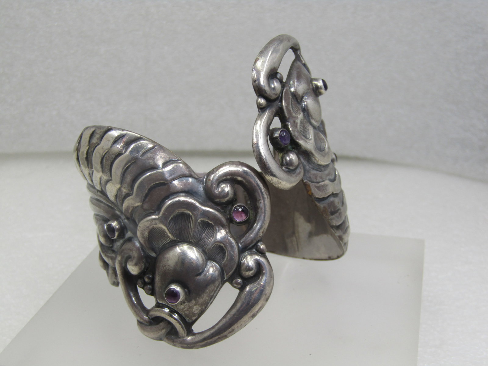 Vintage Sterling Double Fish Clamper Bracelet, Amethyst Accents, 7.5", Signed Valladares: Vintage Sterling Double Fish Clamper Bracelet, Amethyst Accents, 7.5", Signed Valladares and marked sterling and Taxco. Valladares is Albert Valladares Gomes of Mexico, known for modernish work. Age i