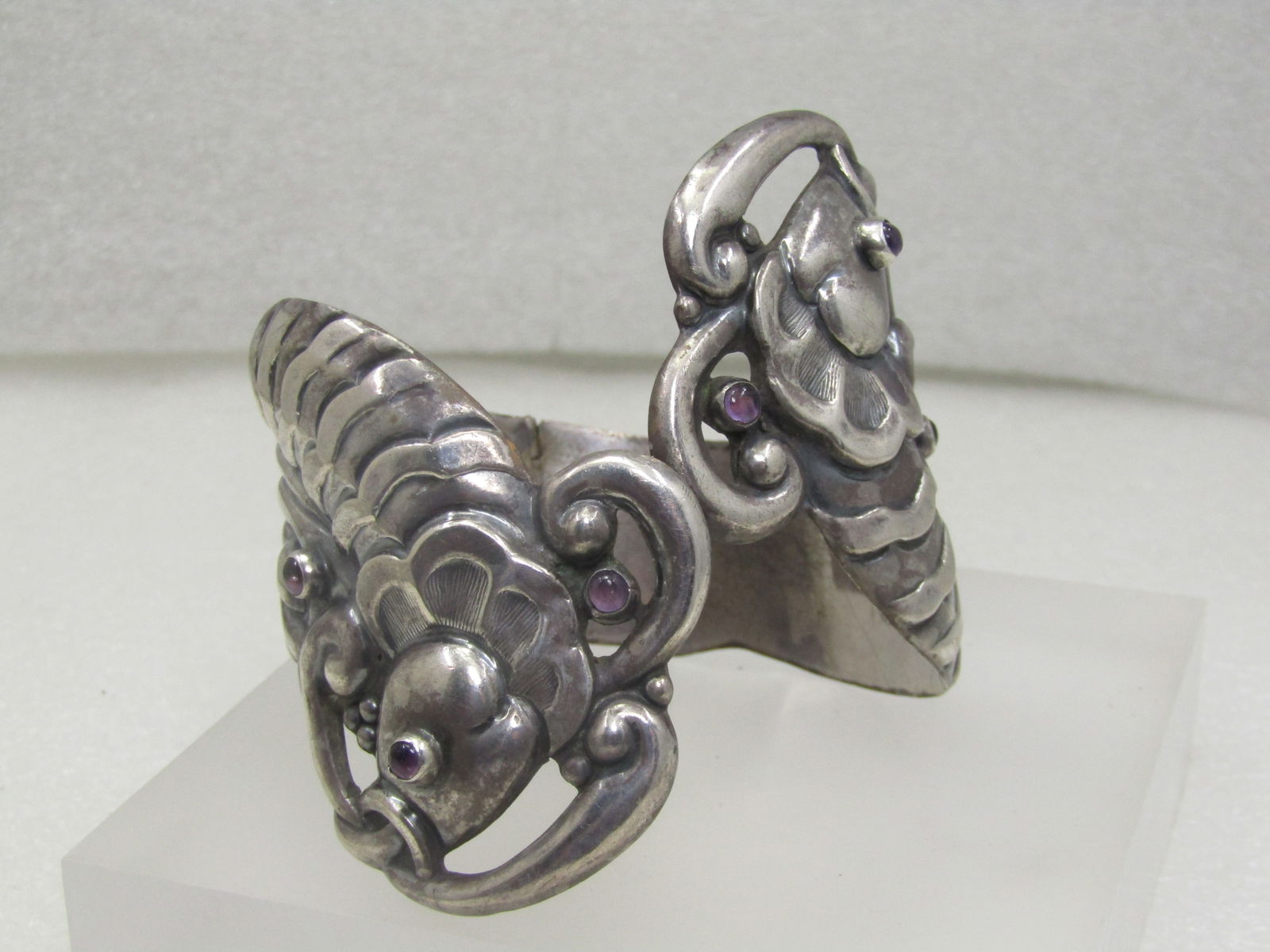 Vintage Sterling Double Fish Clamper Bracelet, Amethyst Accents, 7.5", Signed Valladares - 2