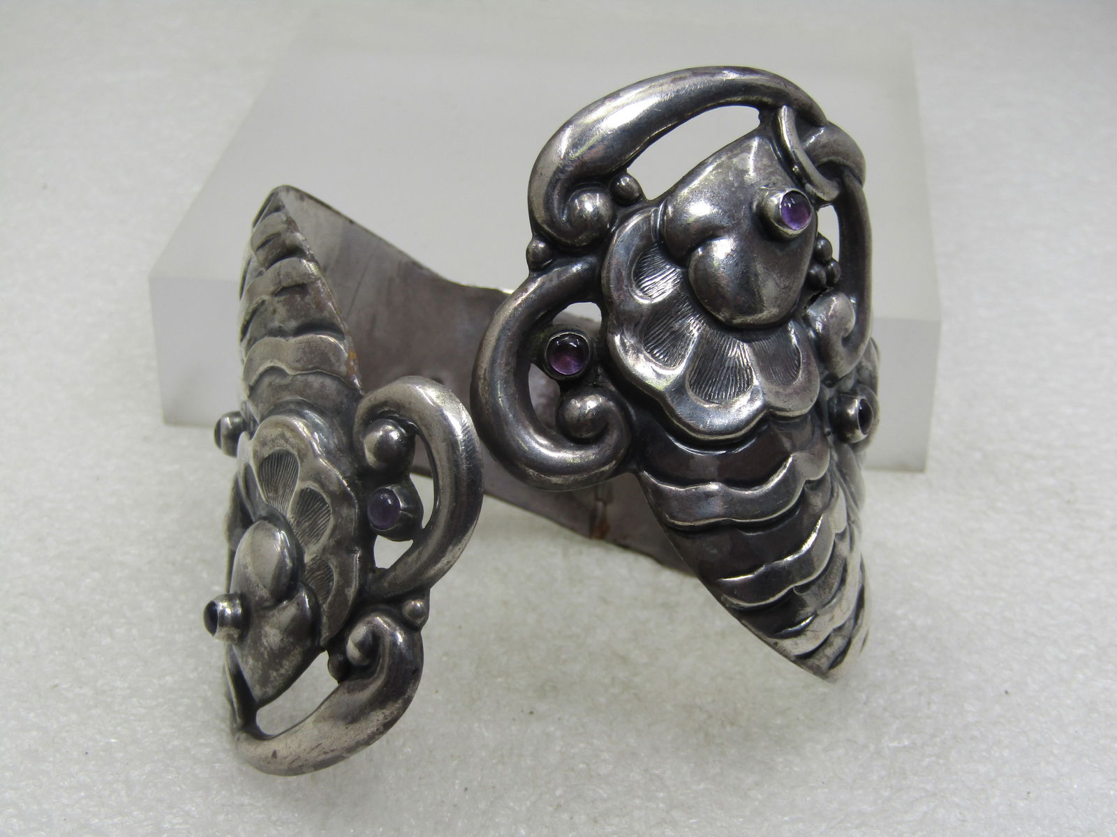 Vintage Sterling Double Fish Clamper Bracelet, Amethyst Accents, 7.5", Signed Valladares - 3
