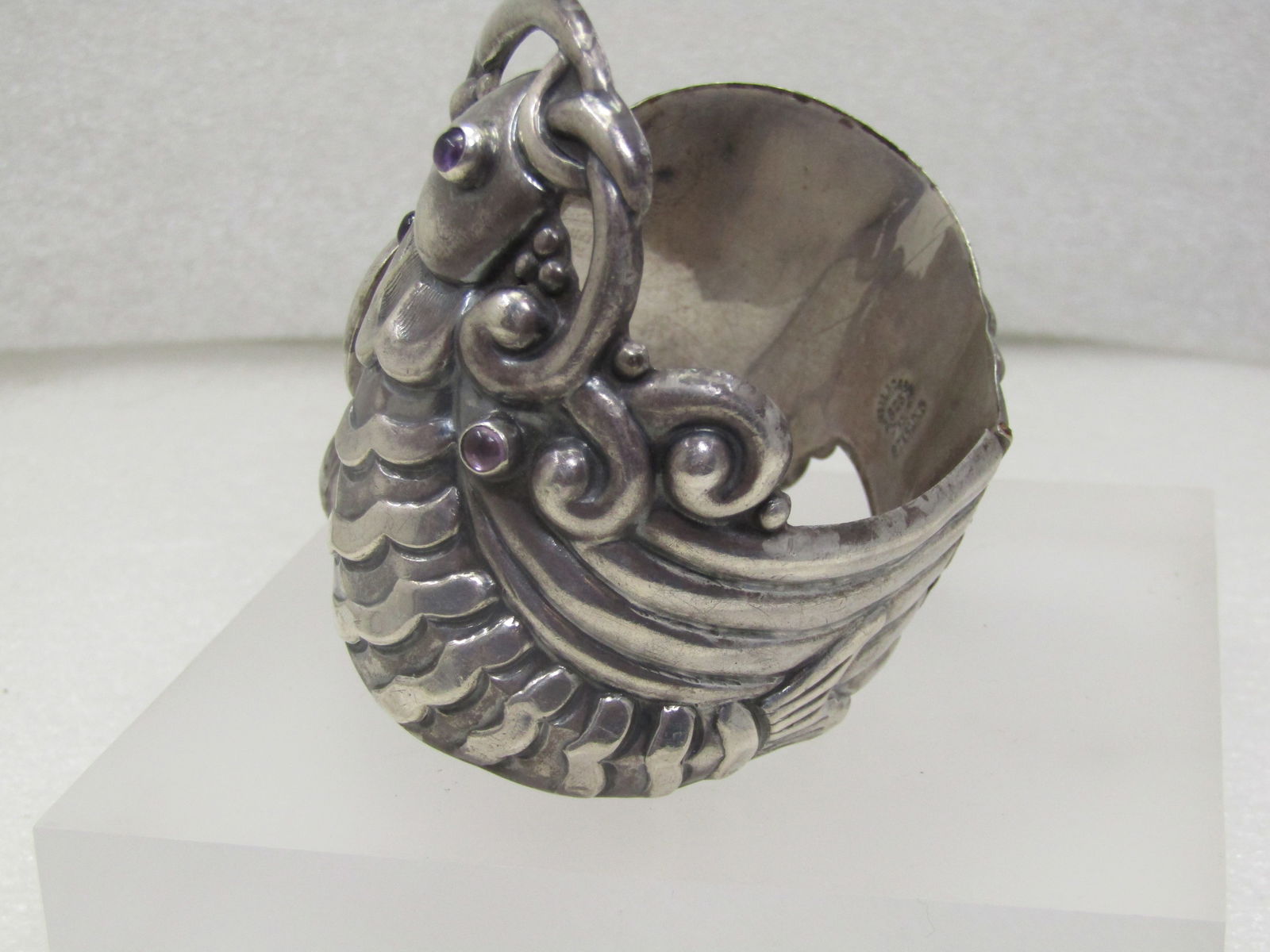 Vintage Sterling Double Fish Clamper Bracelet, Amethyst Accents, 7.5", Signed Valladares - 4