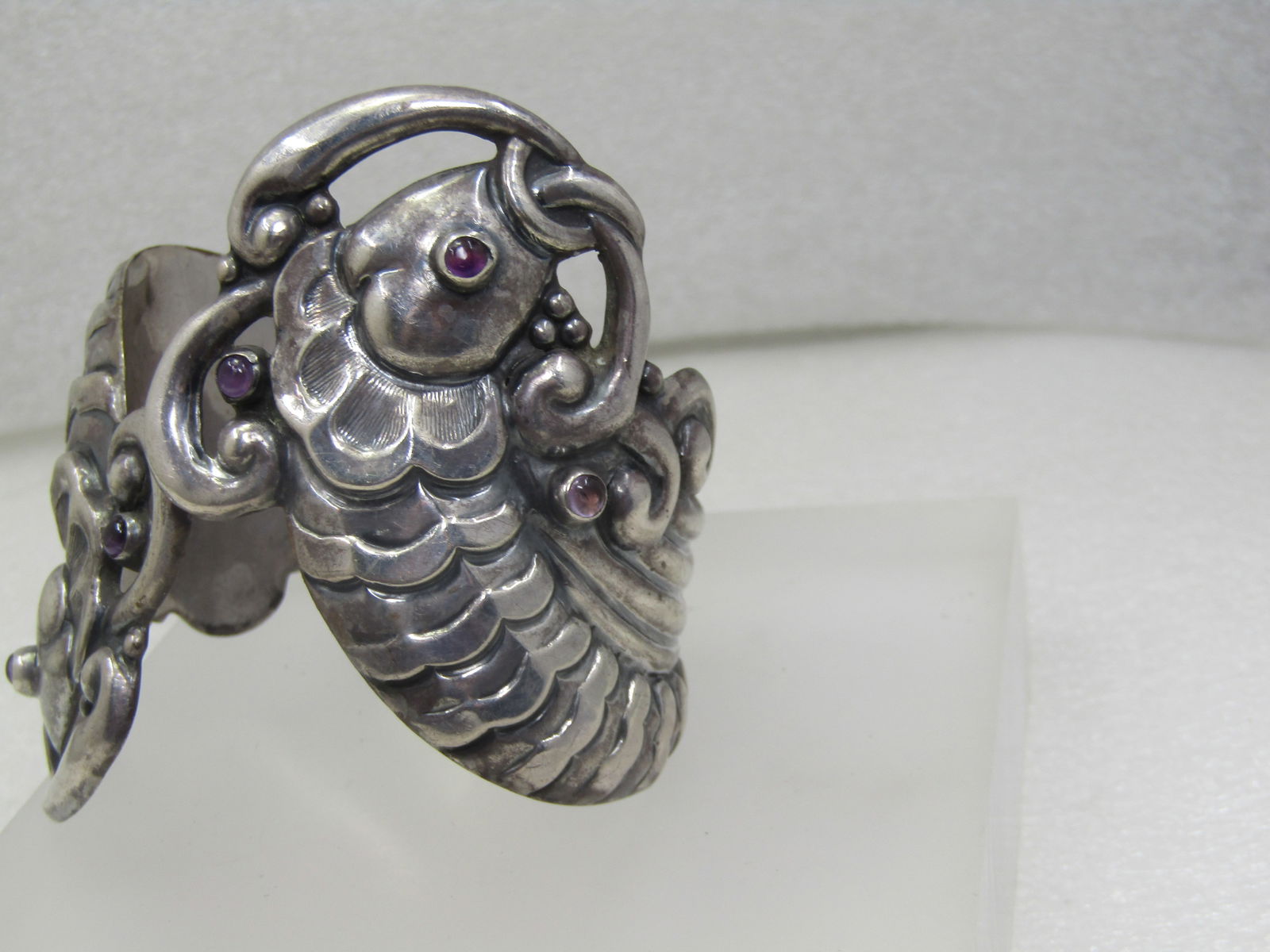 Vintage Sterling Double Fish Clamper Bracelet, Amethyst Accents, 7.5", Signed Valladares - 5